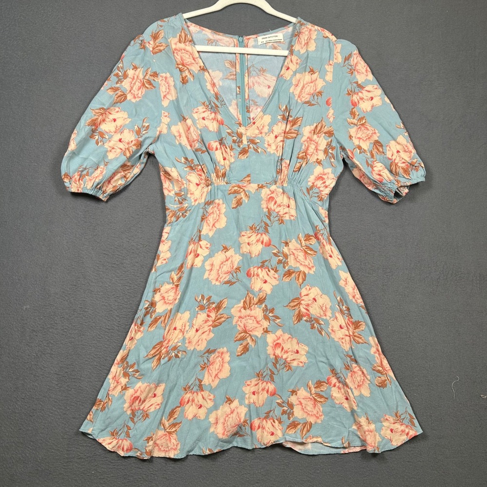 Urban Outfitters Mini Dress Womens M Blue Floral Empire Waist Puff Sleeve V-Neck